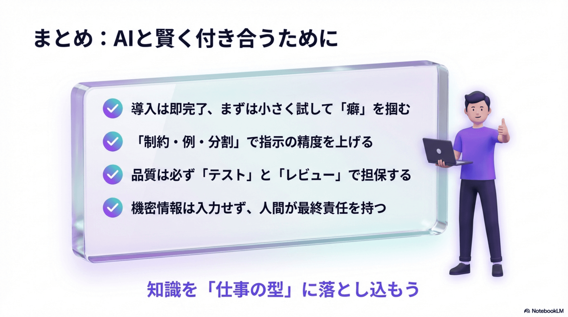 まとめ：AIと賢く付き合うために（制約・例・分割、テストとレビュー、機密情報の扱い）