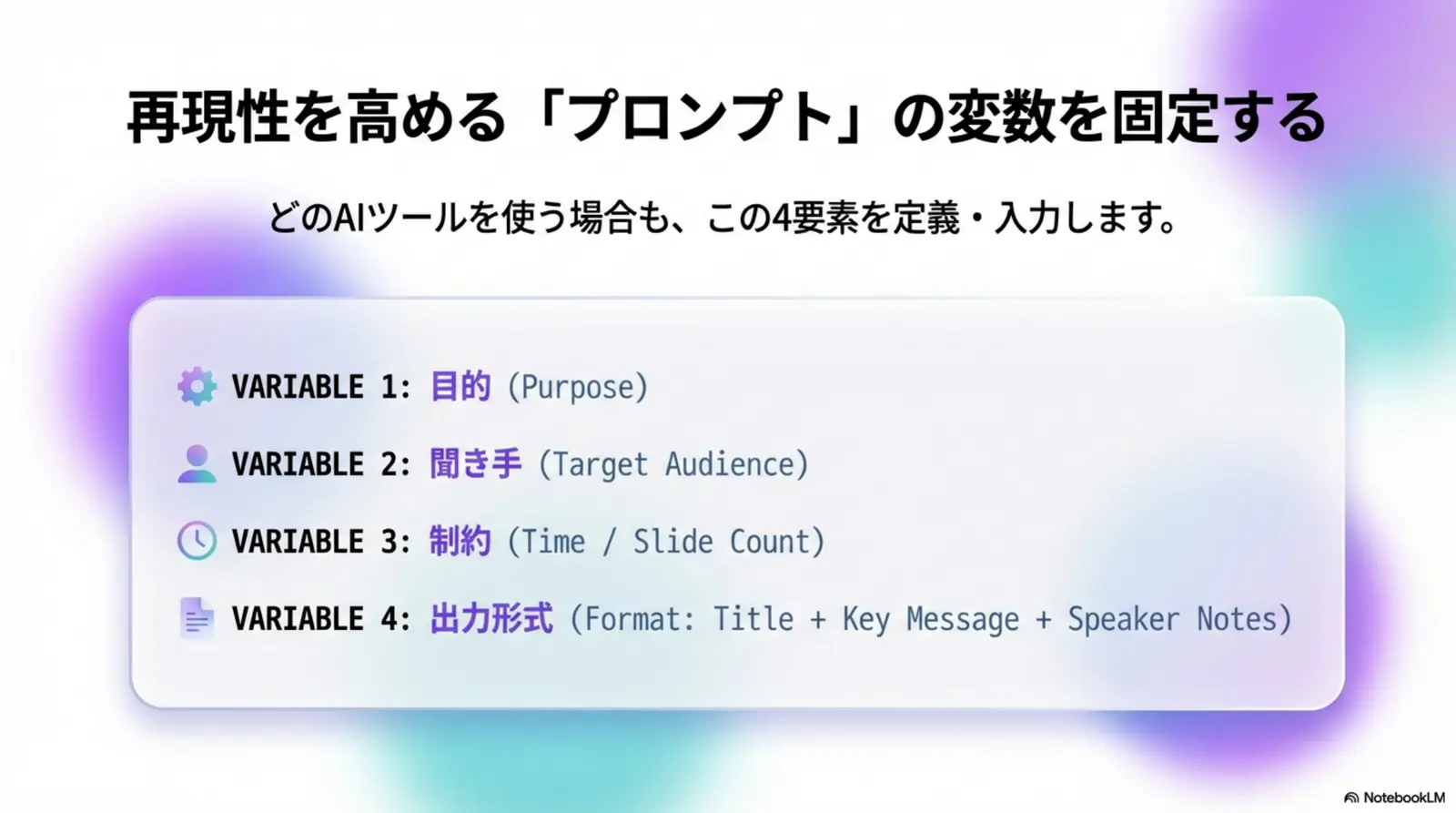 再現性を高めるプロンプトの変数を固定する - 目的・聞き手・制約・出力形式の4要素を定義する